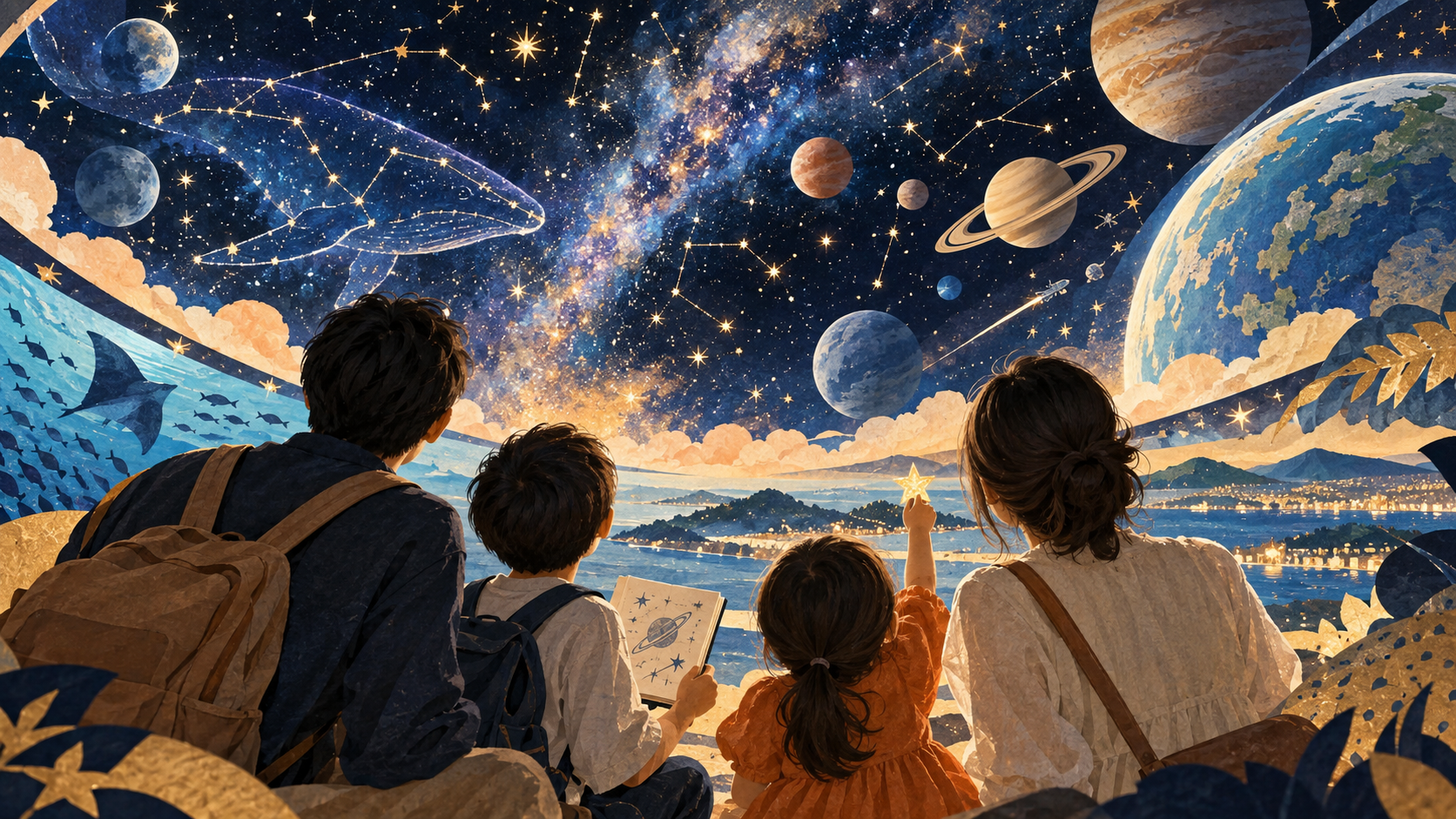 星空と惑星に家族で心を躍らせる旅の情景イラスト