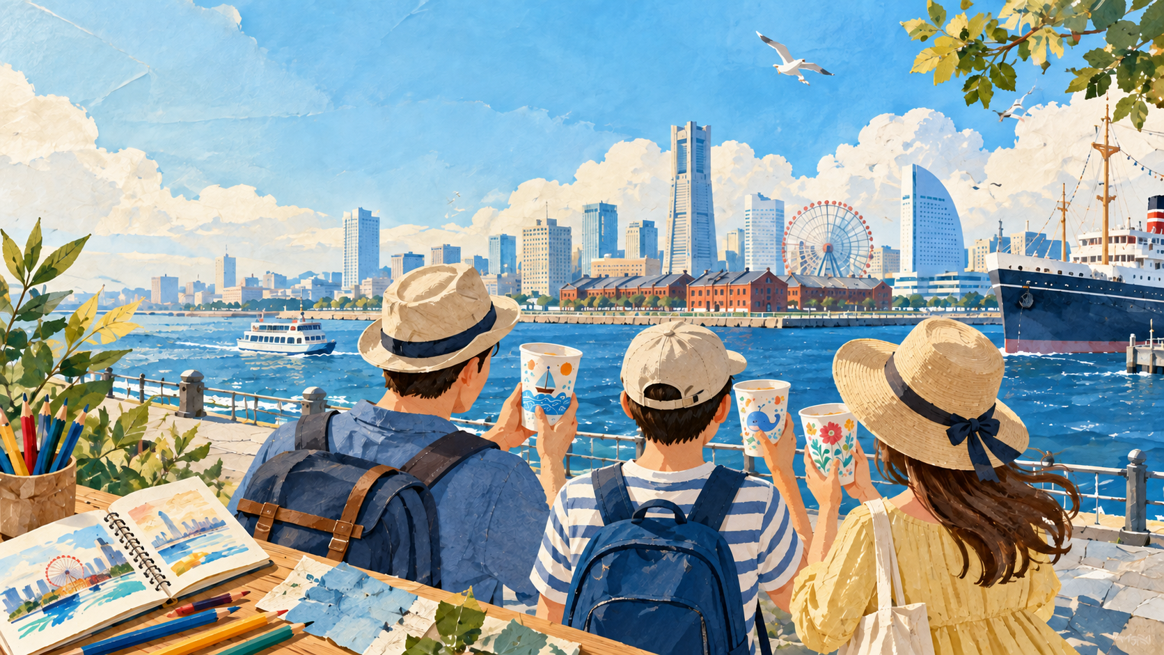 港の景色とカラフルな手作りカップを描いた旅の情景イラスト